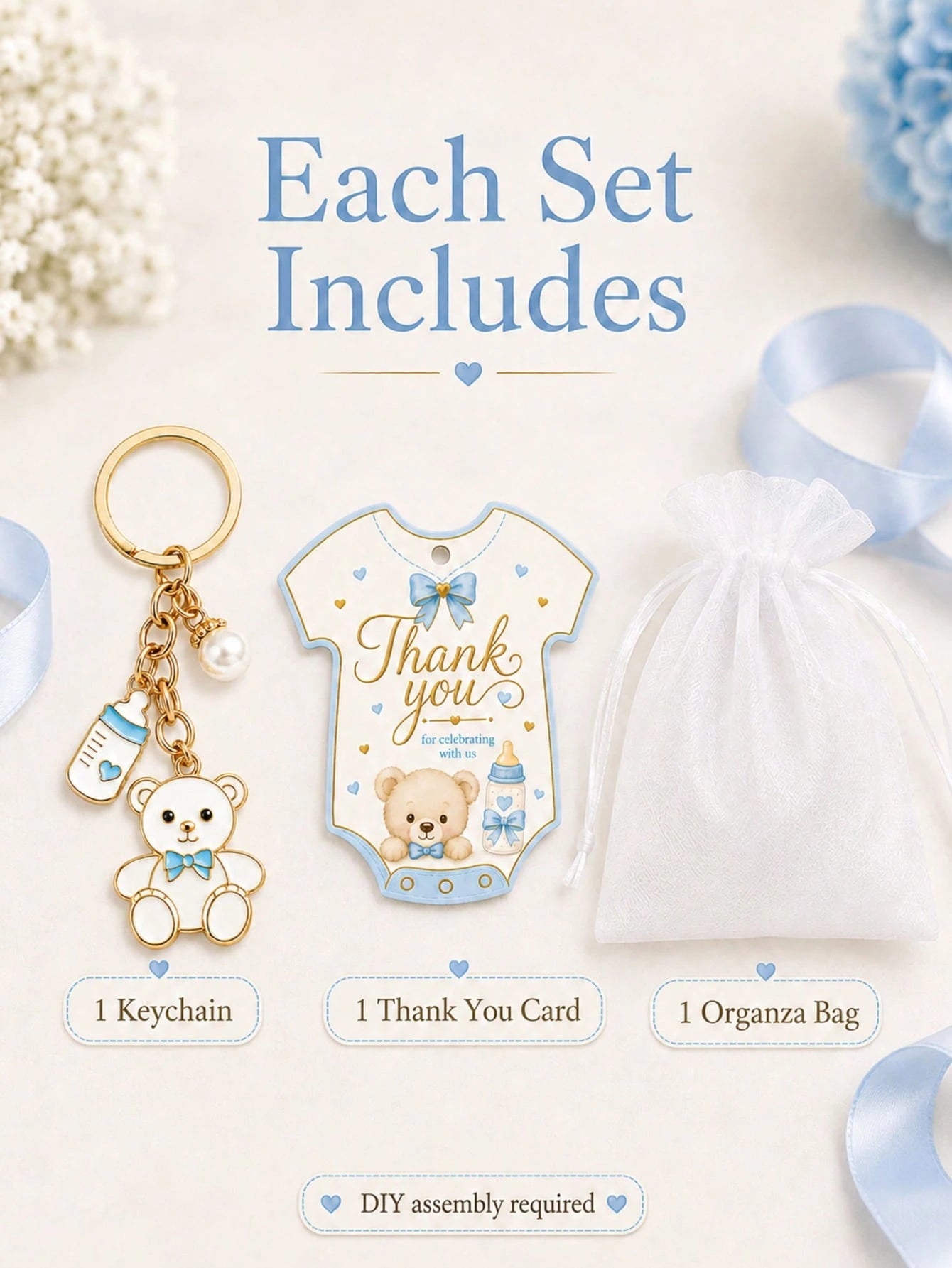 60pcs/20sets Baby Boy Teddy Bear Keychain Party Favor Set, Includes Thank You Card Tags And Organza Bags, Cute Baby Shower Guest Gifts
