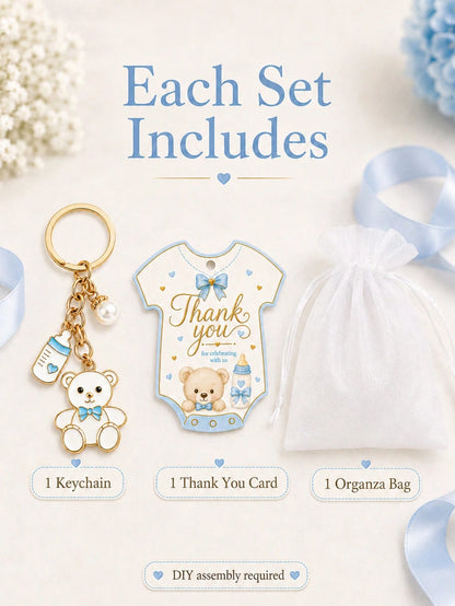 60pcs/20sets Baby Boy Teddy Bear Keychain Party Favor Set, Includes Thank You Card Tags And Organza Bags, Cute Baby Shower Guest Gifts