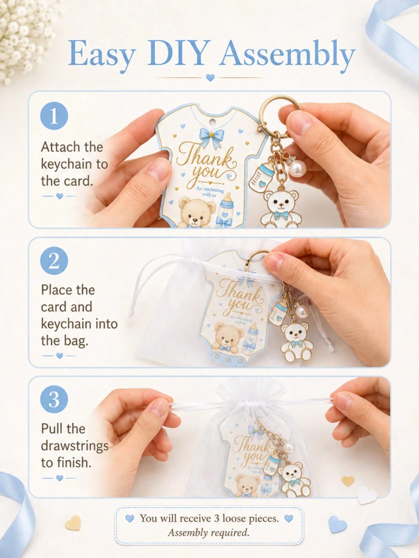 60pcs/20sets Baby Boy Teddy Bear Keychain Party Favor Set, Includes Thank You Card Tags And Organza Bags, Cute Baby Shower Guest Gifts