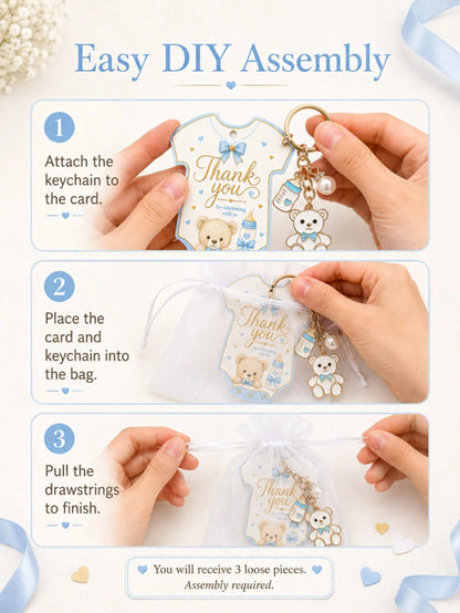 60pcs/20sets Baby Boy Teddy Bear Keychain Party Favor Set, Includes Thank You Card Tags And Organza Bags, Cute Baby Shower Guest Gifts