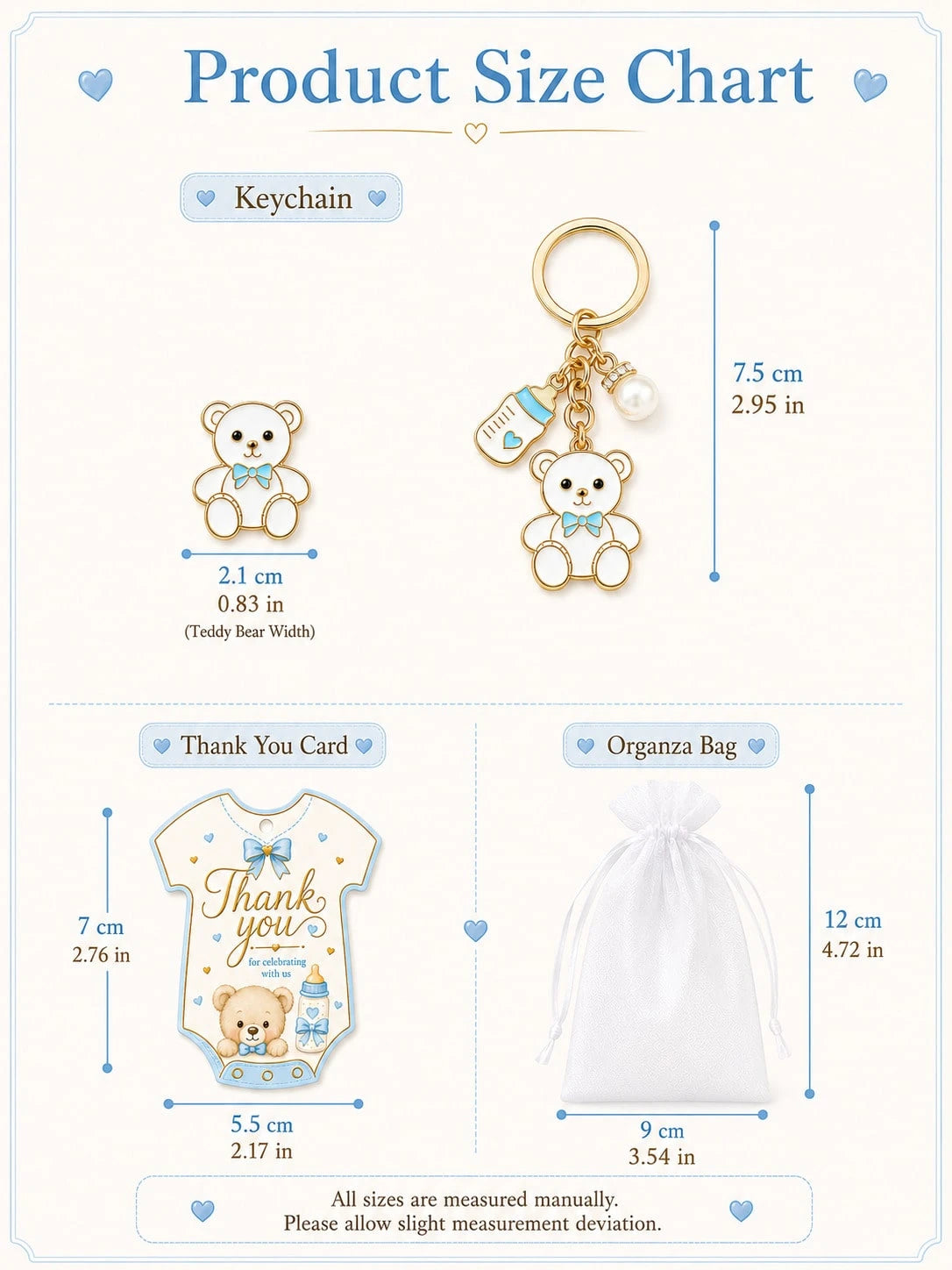 60pcs/20sets Baby Boy Teddy Bear Keychain Party Favor Set, Includes Thank You Card Tags And Organza Bags, Cute Baby Shower Guest Gifts