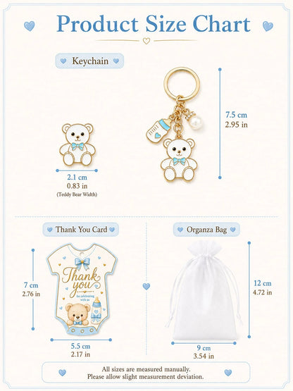 60pcs/20sets Baby Boy Teddy Bear Keychain Party Favor Set, Includes Thank You Card Tags And Organza Bags, Cute Baby Shower Guest Gifts
