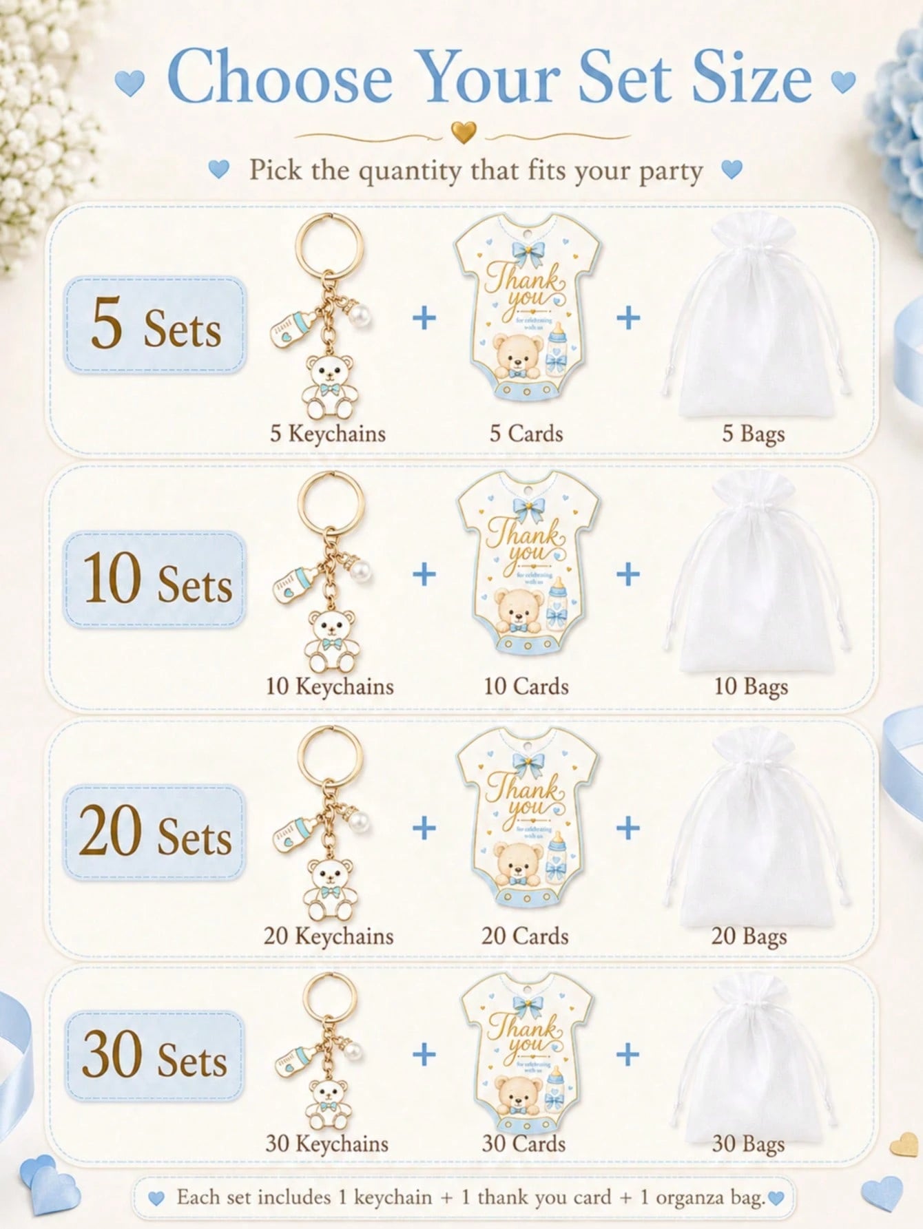 60pcs/20sets Baby Boy Teddy Bear Keychain Party Favor Set, Includes Thank You Card Tags And Organza Bags, Cute Baby Shower Guest Gifts