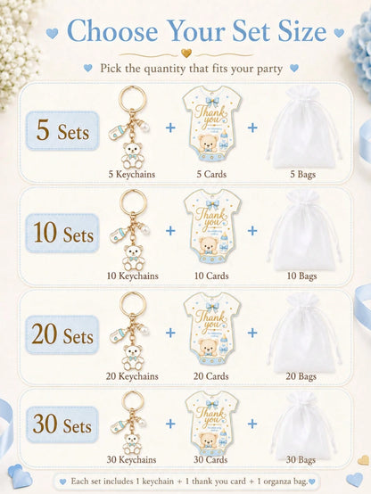60pcs/20sets Baby Boy Teddy Bear Keychain Party Favor Set, Includes Thank You Card Tags And Organza Bags, Cute Baby Shower Guest Gifts
