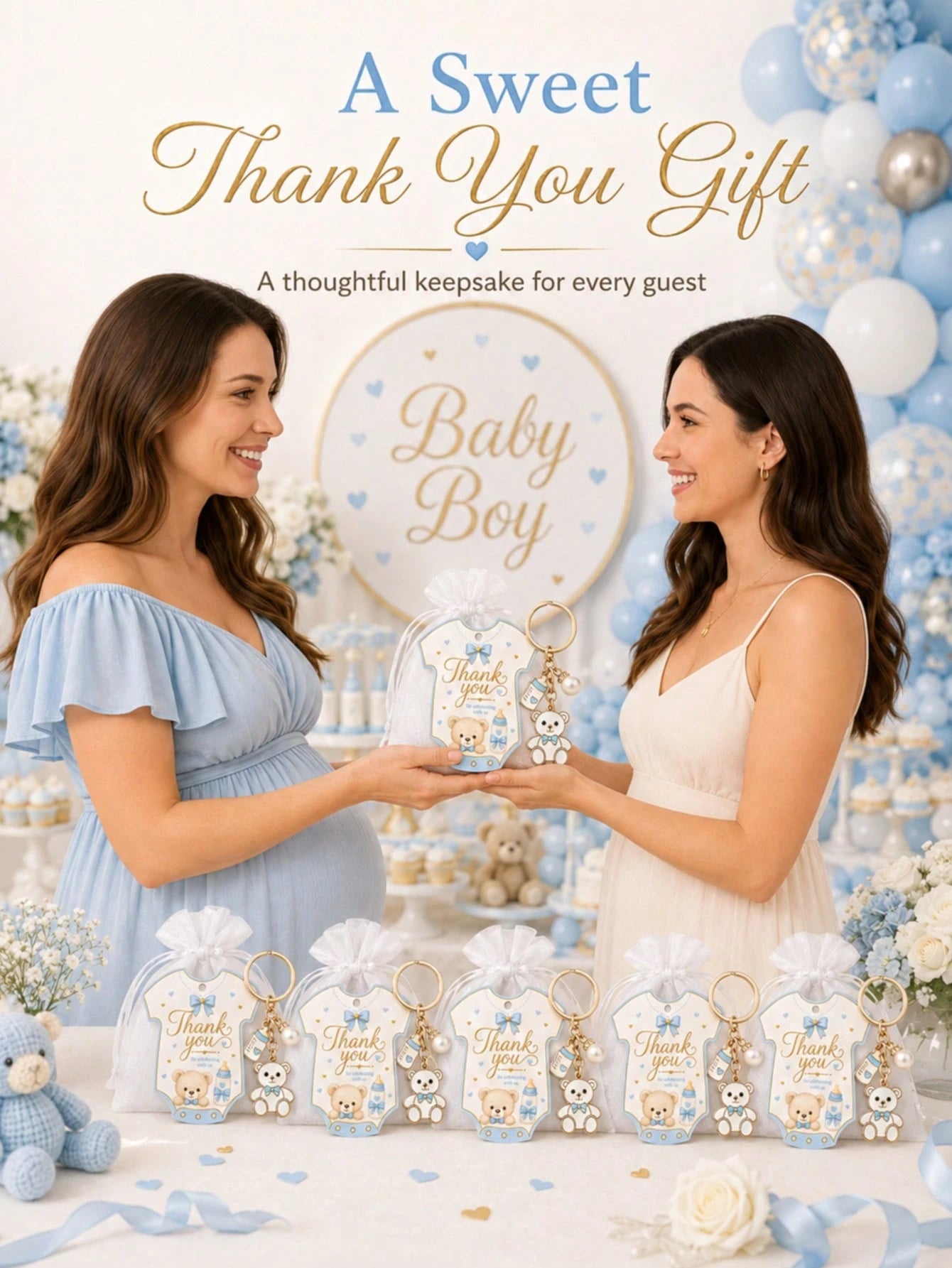 60pcs/20sets Baby Boy Teddy Bear Keychain Party Favor Set, Includes Thank You Card Tags And Organza Bags, Cute Baby Shower Guest Gifts