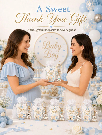 60pcs/20sets Baby Boy Teddy Bear Keychain Party Favor Set, Includes Thank You Card Tags And Organza Bags, Cute Baby Shower Guest Gifts