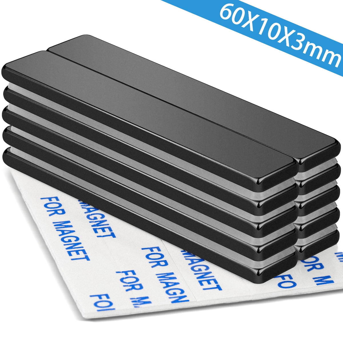 60x10x3mm Neodymium Strong Magnet Bars, 60X10X5mm Black Magnetic Strips Heavy Duty Rare Earth With Double-Sided Adhesive, Powerful Metal Rectangular Magnets For Door, Fridge, Office, Kitchen