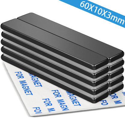 60x10x3mm Neodymium Strong Magnet Bars, 60X10X5mm Black Magnetic Strips Heavy Duty Rare Earth With Double-Sided Adhesive, Powerful Metal Rectangular Magnets For Door, Fridge, Office, Kitchen