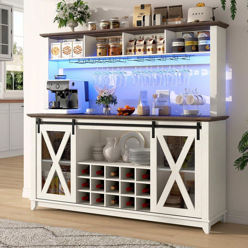 63"W Farmhouse Coffee Bar Cabinet With USB Powered LED Light,Wine Bar Cabinet W/ 4 Tier Storage Hutch,Kitchen Buffet Cabinet W/Sliding Barn Door & 15 Wine And Glass Racks For Kitchen Dining Room