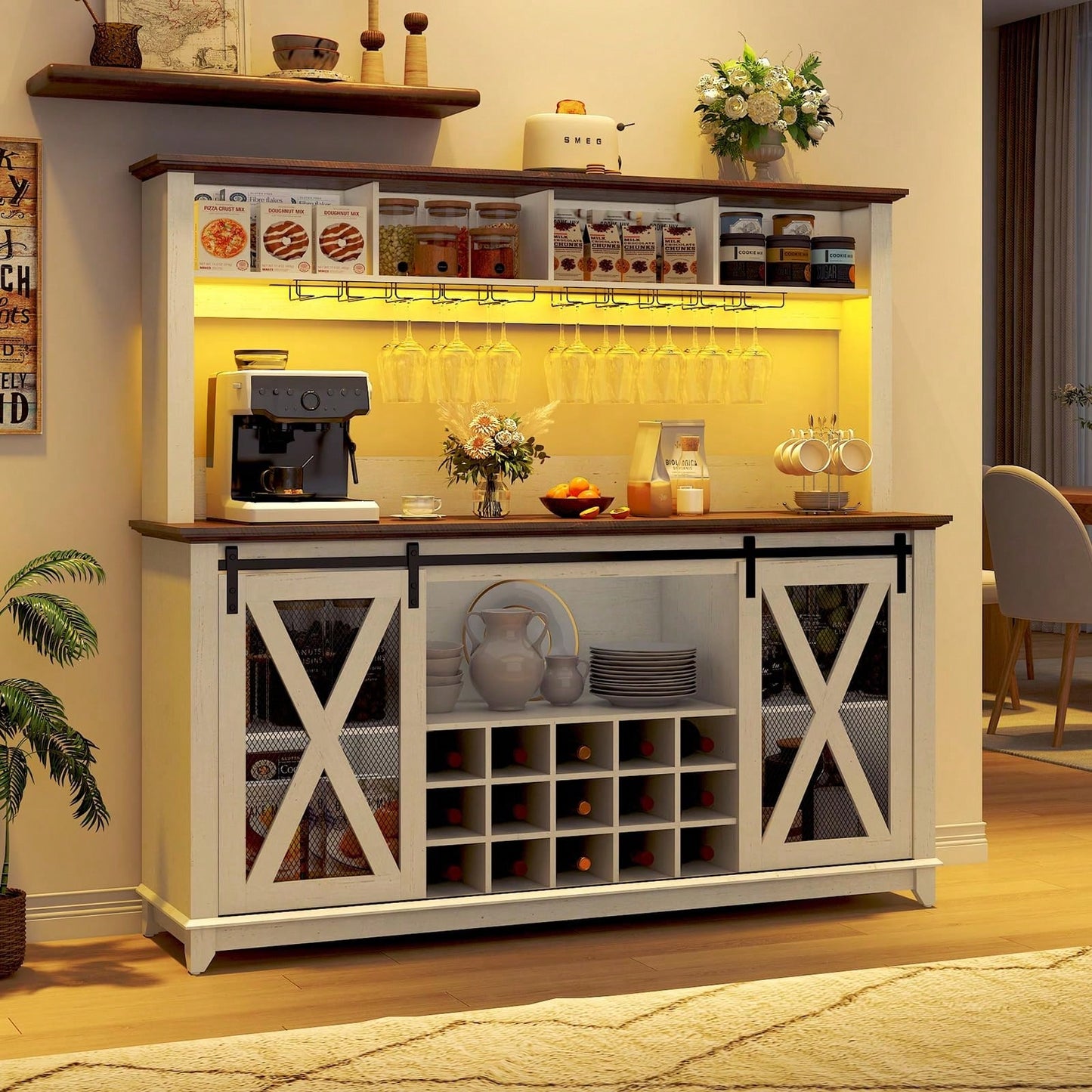 63"W Farmhouse Coffee Bar Cabinet With USB Powered LED Light,Wine Bar Cabinet W/ 4 Tier Storage Hutch,Kitchen Buffet Cabinet W/Sliding Barn Door & 15 Wine And Glass Racks For Kitchen Dining Room