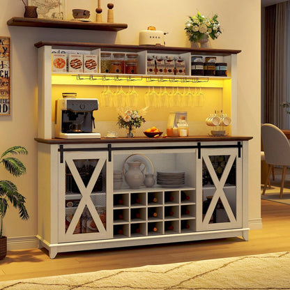 63"W Farmhouse Coffee Bar Cabinet With USB Powered LED Light,Wine Bar Cabinet W/ 4 Tier Storage Hutch,Kitchen Buffet Cabinet W/Sliding Barn Door & 15 Wine And Glass Racks For Kitchen Dining Room