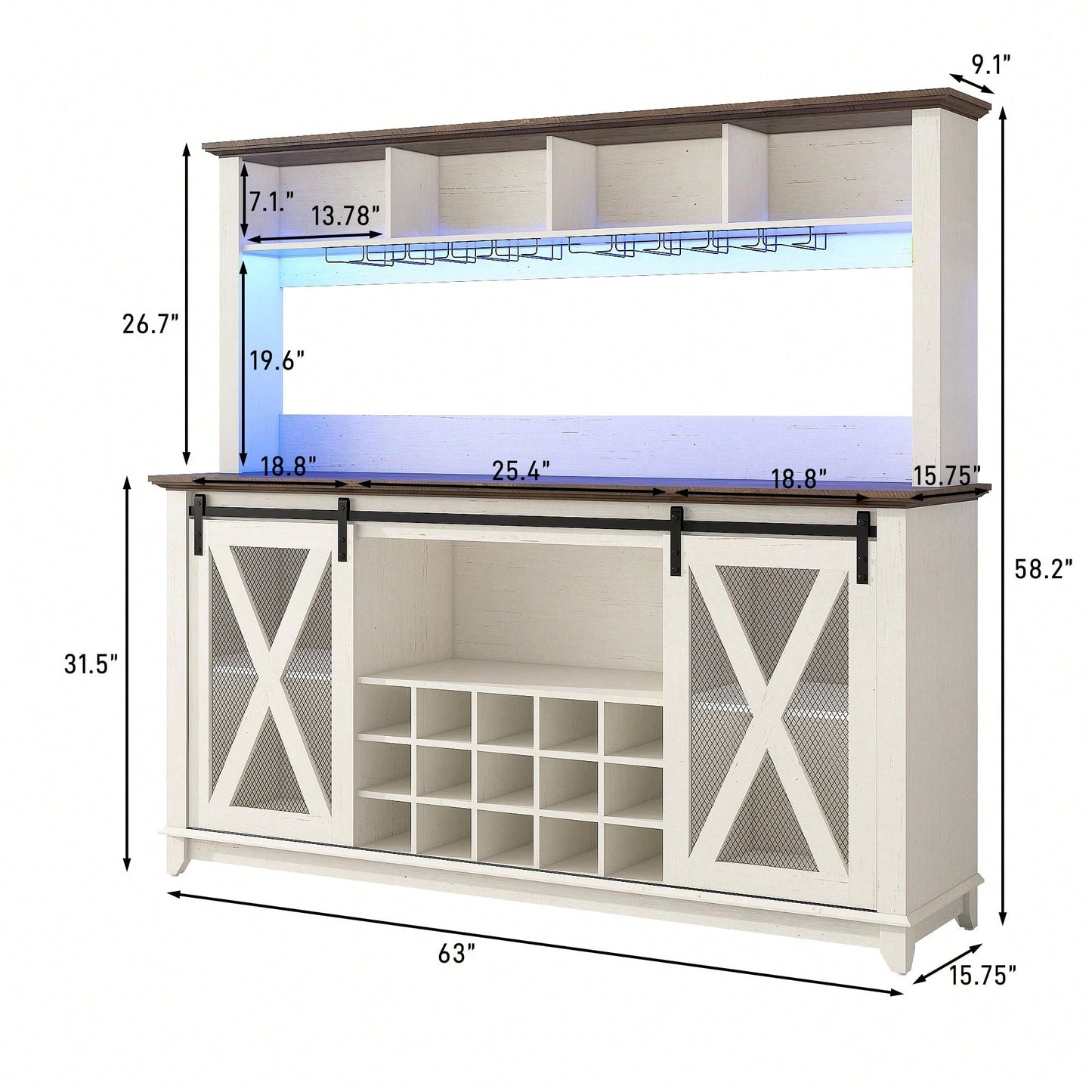 63"W Farmhouse Coffee Bar Cabinet With USB Powered LED Light,Wine Bar Cabinet W/ 4 Tier Storage Hutch,Kitchen Buffet Cabinet W/Sliding Barn Door & 15 Wine And Glass Racks For Kitchen Dining Room