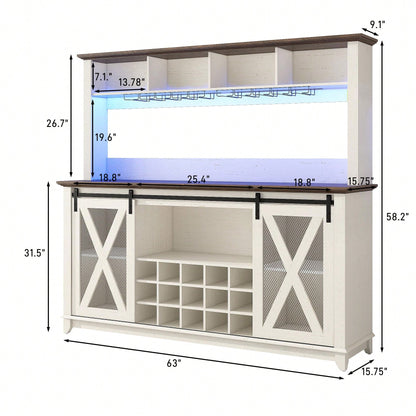 63"W Farmhouse Coffee Bar Cabinet With USB Powered LED Light,Wine Bar Cabinet W/ 4 Tier Storage Hutch,Kitchen Buffet Cabinet W/Sliding Barn Door & 15 Wine And Glass Racks For Kitchen Dining Room