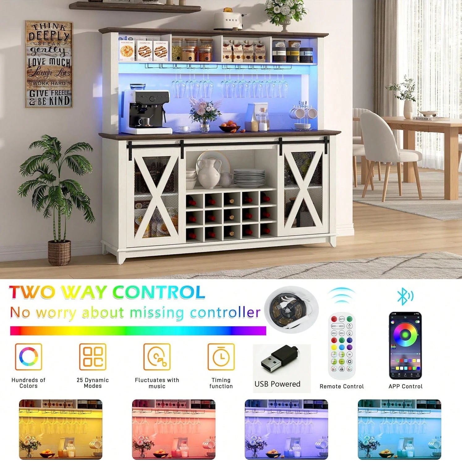 63"W Farmhouse Coffee Bar Cabinet With USB Powered LED Light,Wine Bar Cabinet W/ 4 Tier Storage Hutch,Kitchen Buffet Cabinet W/Sliding Barn Door & 15 Wine And Glass Racks For Kitchen Dining Room