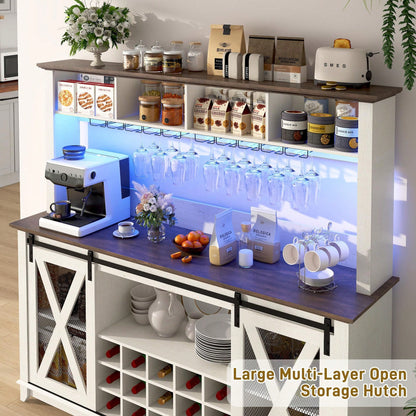 63"W Farmhouse Coffee Bar Cabinet With USB Powered LED Light,Wine Bar Cabinet W/ 4 Tier Storage Hutch,Kitchen Buffet Cabinet W/Sliding Barn Door & 15 Wine And Glass Racks For Kitchen Dining Room