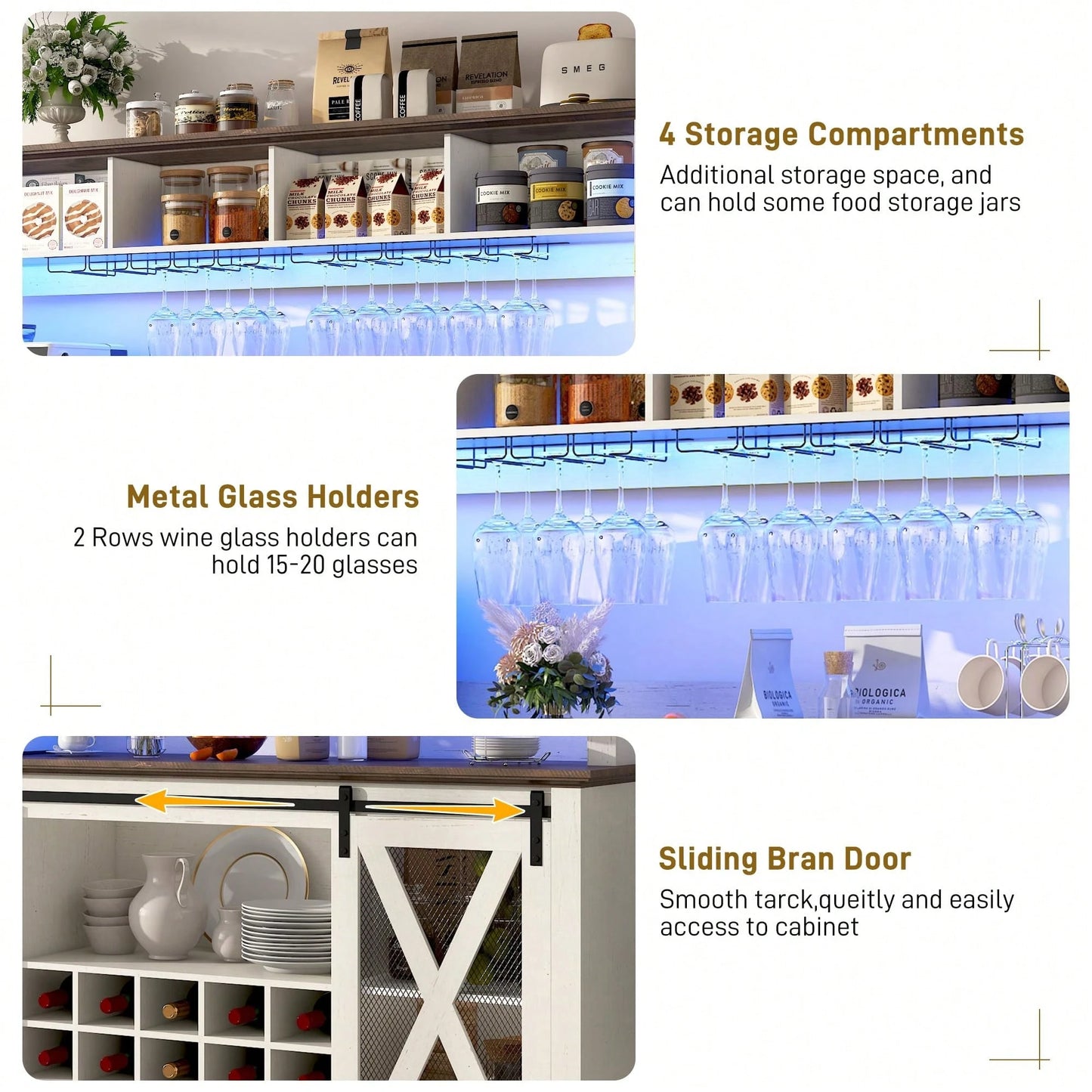 63"W Farmhouse Coffee Bar Cabinet With USB Powered LED Light,Wine Bar Cabinet W/ 4 Tier Storage Hutch,Kitchen Buffet Cabinet W/Sliding Barn Door & 15 Wine And Glass Racks For Kitchen Dining Room