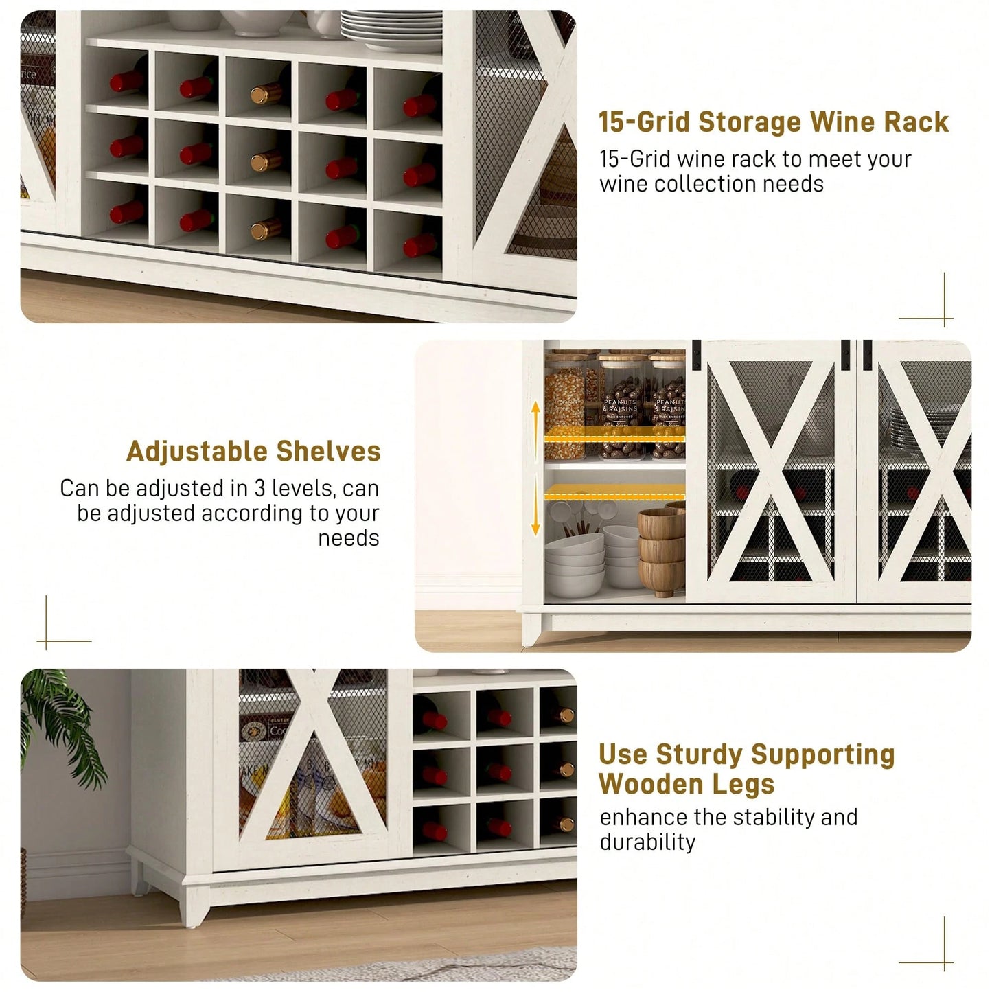63"W Farmhouse Coffee Bar Cabinet With USB Powered LED Light,Wine Bar Cabinet W/ 4 Tier Storage Hutch,Kitchen Buffet Cabinet W/Sliding Barn Door & 15 Wine And Glass Racks For Kitchen Dining Room