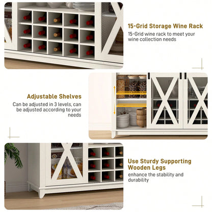 63"W Farmhouse Coffee Bar Cabinet With USB Powered LED Light,Wine Bar Cabinet W/ 4 Tier Storage Hutch,Kitchen Buffet Cabinet W/Sliding Barn Door & 15 Wine And Glass Racks For Kitchen Dining Room
