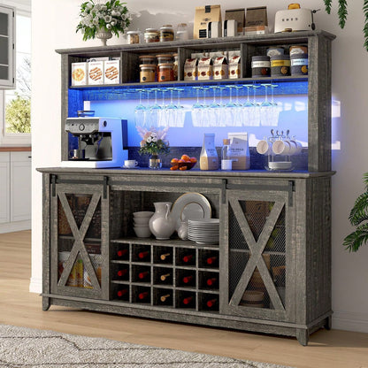 63"W Farmhouse Coffee Bar Cabinet With USB Powered LED Light,Wine Bar Cabinet W/ 4 Tier Storage Hutch,Kitchen Buffet Cabinet W/Sliding Barn Door & 15 Wine And Glass Racks For Kitchen Dining Room
