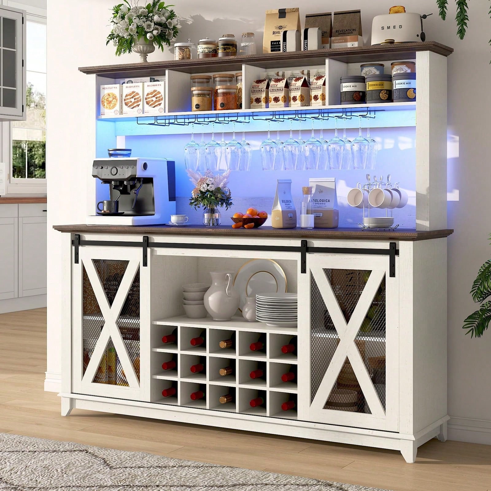 63"W Farmhouse Coffee Bar Cabinet With USB Powered LED Light,Wine Bar Cabinet W/ 4 Tier Storage Hutch,Kitchen Buffet Cabinet W/Sliding Barn Door & 15 Wine And Glass Racks For Kitchen Dining Room