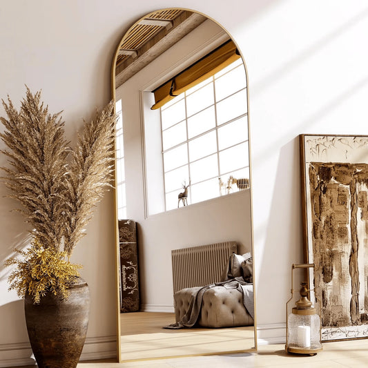 64.1"X21" Arched Modern Full Length Mirror Free Standing Floor Mirror With Aluminum Frame, Gold