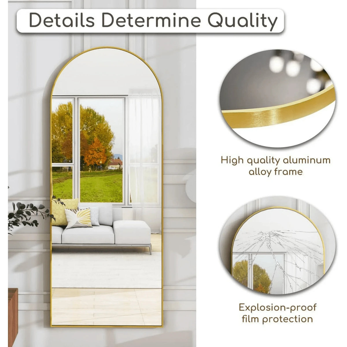 64.1"X21" Arched Modern Full Length Mirror Free Standing Floor Mirror With Aluminum Frame, Gold