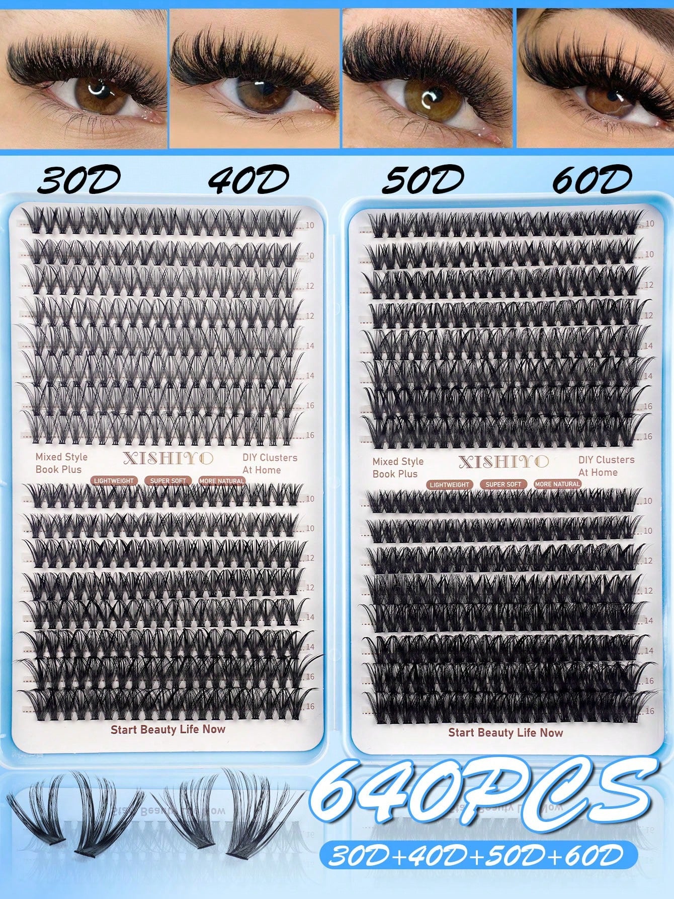 640/608pcs D-Curl Fluffy False Eyelashes, High Capacity, Suitable For Beginners, Dense & Voluminous, DIY Segmented Lash Extension, Enlarging Eyes, Lightweight & Reusable, Large Capacity Individual Las