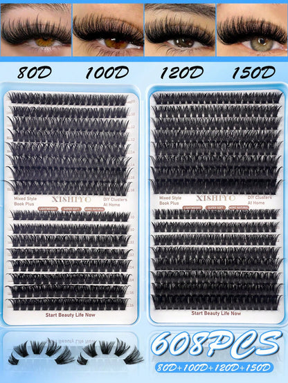 640/608pcs D-Curl Fluffy False Eyelashes, High Capacity, Suitable For Beginners, Dense & Voluminous, DIY Segmented Lash Extension, Enlarging Eyes, Lightweight & Reusable, Large Capacity Individual Las