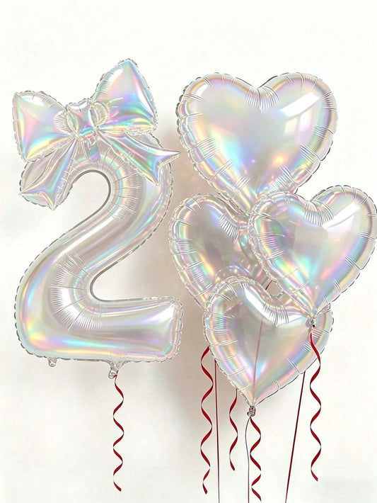 6pcs Colorful Transparent Balloon Set, 40-Inch 0-9 Number Foil Balloons, Bow & Heart Shaped Balloons, Suitable For Birthday Party, Baby Shower Decoration