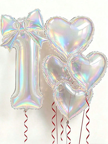 6pcs Colorful Transparent Balloon Set, 40-Inch 0-9 Number Foil Balloons, Bow & Heart Shaped Balloons, Suitable For Birthday Party, Baby Shower Decoration