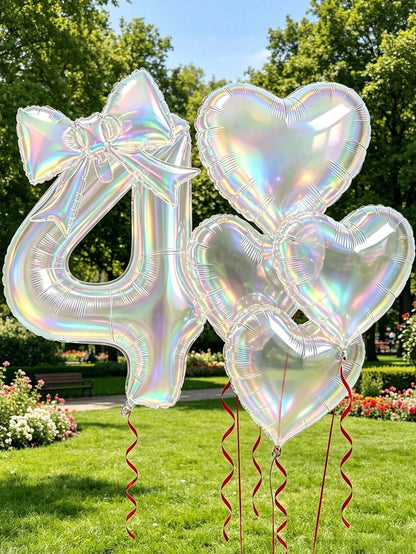 6pcs Colorful Transparent Balloon Set, 40-Inch 0-9 Number Foil Balloons, Bow & Heart Shaped Balloons, Suitable For Birthday Party, Baby Shower Decoration