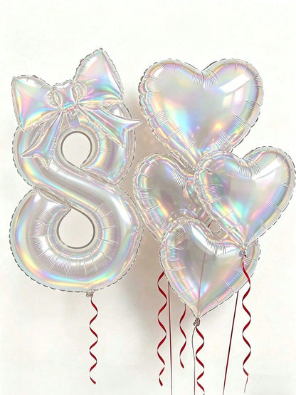 6pcs Colorful Transparent Balloon Set, 40-Inch 0-9 Number Foil Balloons, Bow & Heart Shaped Balloons, Suitable For Birthday Party, Baby Shower Decoration