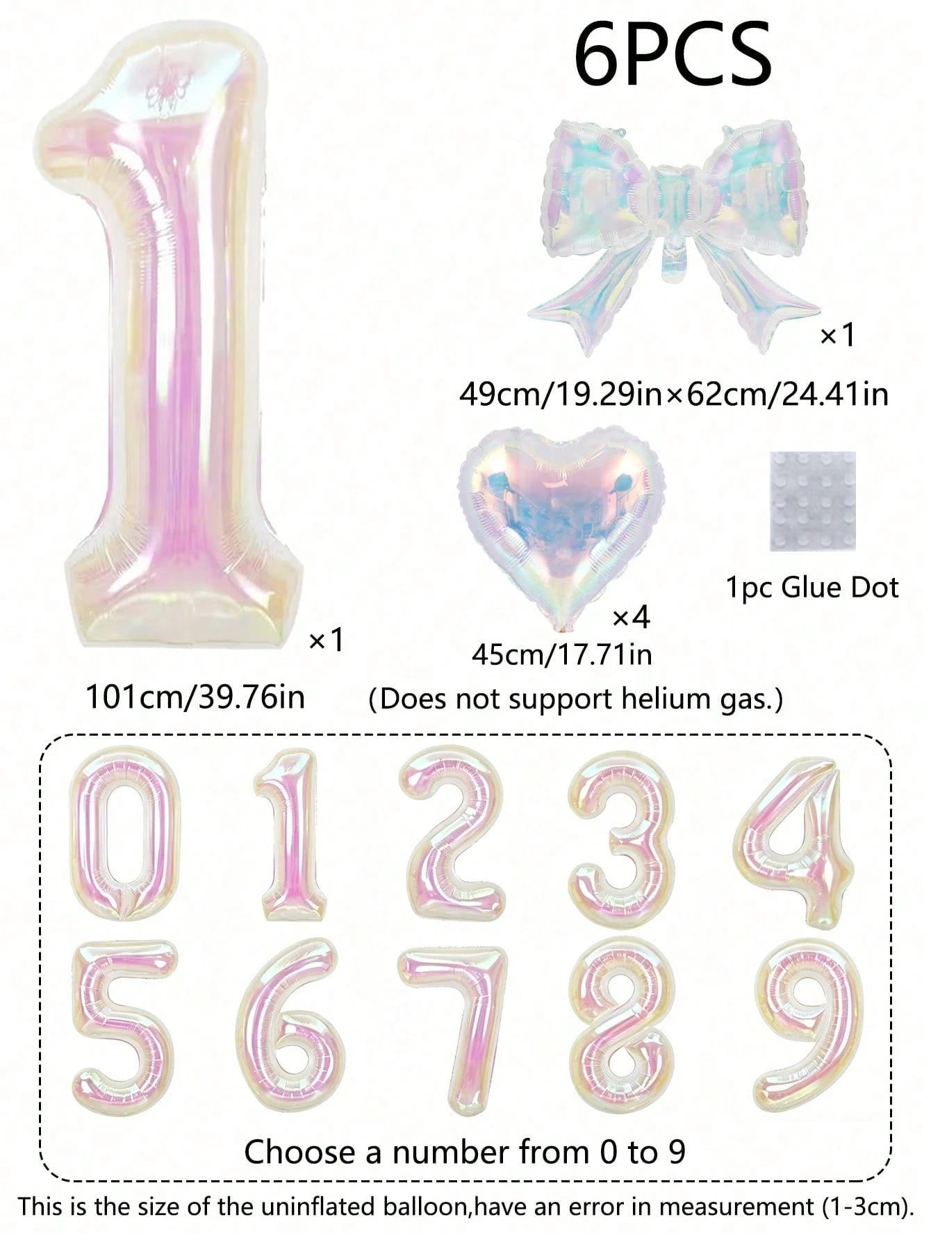 6pcs Colorful Transparent Balloon Set, 40-Inch 0-9 Number Foil Balloons, Bow & Heart Shaped Balloons, Suitable For Birthday Party, Baby Shower Decoration