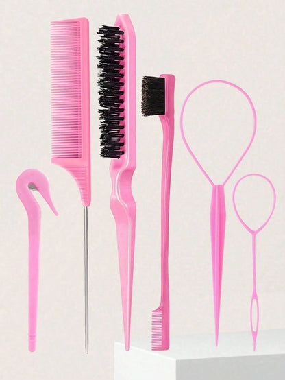 6pcs Pink Hair Styling Tool Set- Rat Tail Comb, Hair Brush, 2pcs French Braiding Tools, Suitable For Braiding And DIY Hairstyles, Salon, Beauty Travel Essentials, Back To School, Vacation Essentials