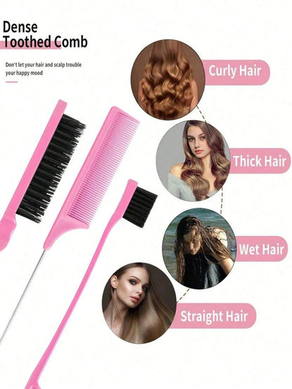 6pcs Pink Hair Styling Tool Set- Rat Tail Comb, Hair Brush, 2pcs French Braiding Tools, Suitable For Braiding And DIY Hairstyles, Salon, Beauty Travel Essentials, Back To School, Vacation Essentials