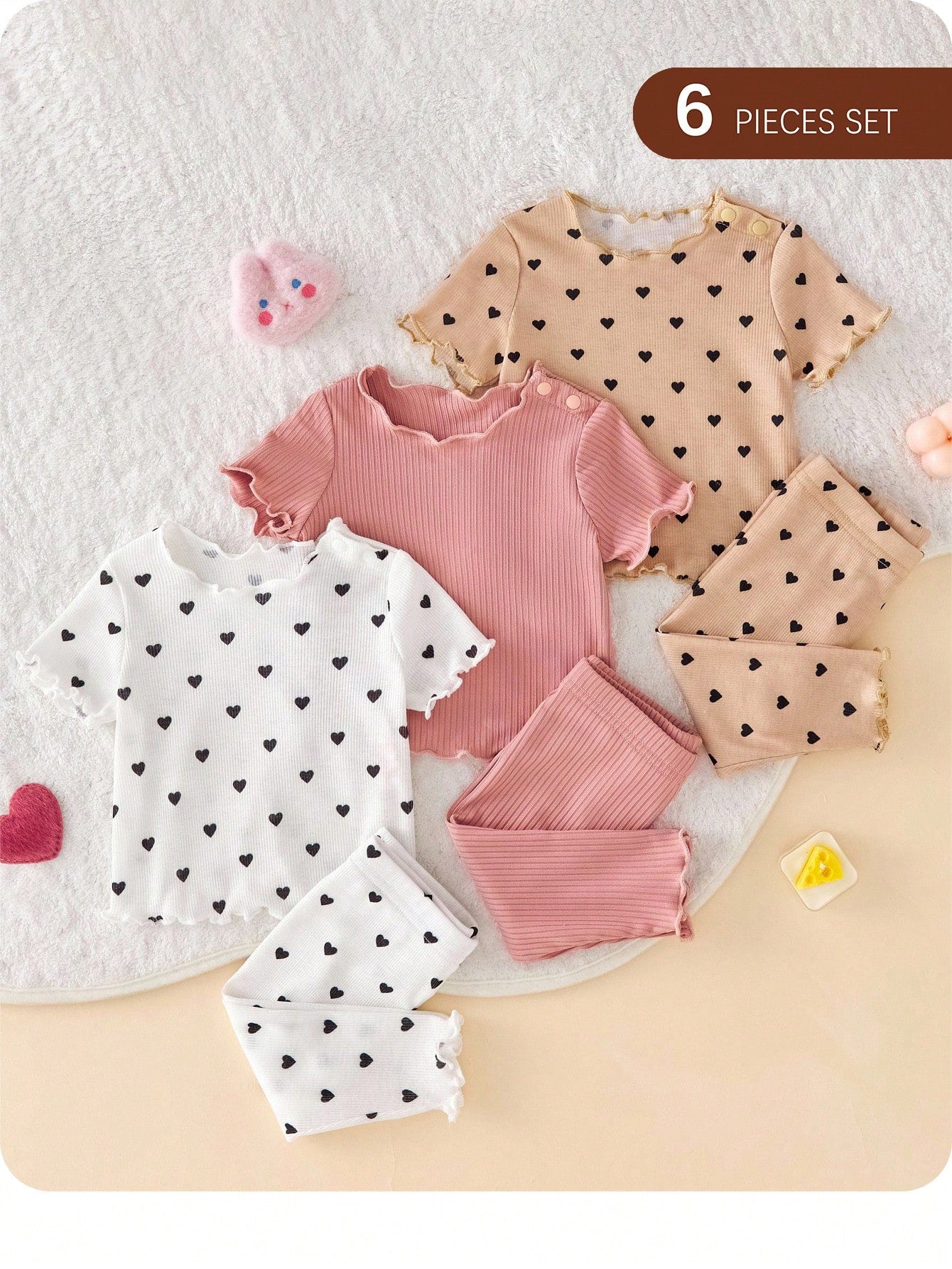 6pcs/Set Dozemod Newborn Baby Girl Adorable Minimalist Heart Print Ruffle Hem Round Neck Short Sleeve Top And Long Pants Knit Pajamas Set
