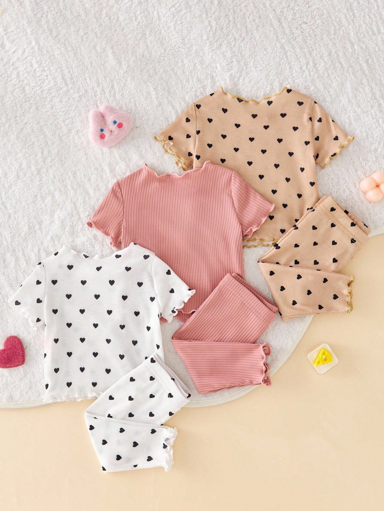 6pcs/Set Dozemod Newborn Baby Girl Adorable Minimalist Heart Print Ruffle Hem Round Neck Short Sleeve Top And Long Pants Knit Pajamas Set