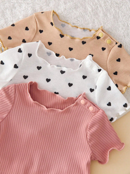 6pcs/Set Dozemod Newborn Baby Girl Adorable Minimalist Heart Print Ruffle Hem Round Neck Short Sleeve Top And Long Pants Knit Pajamas Set