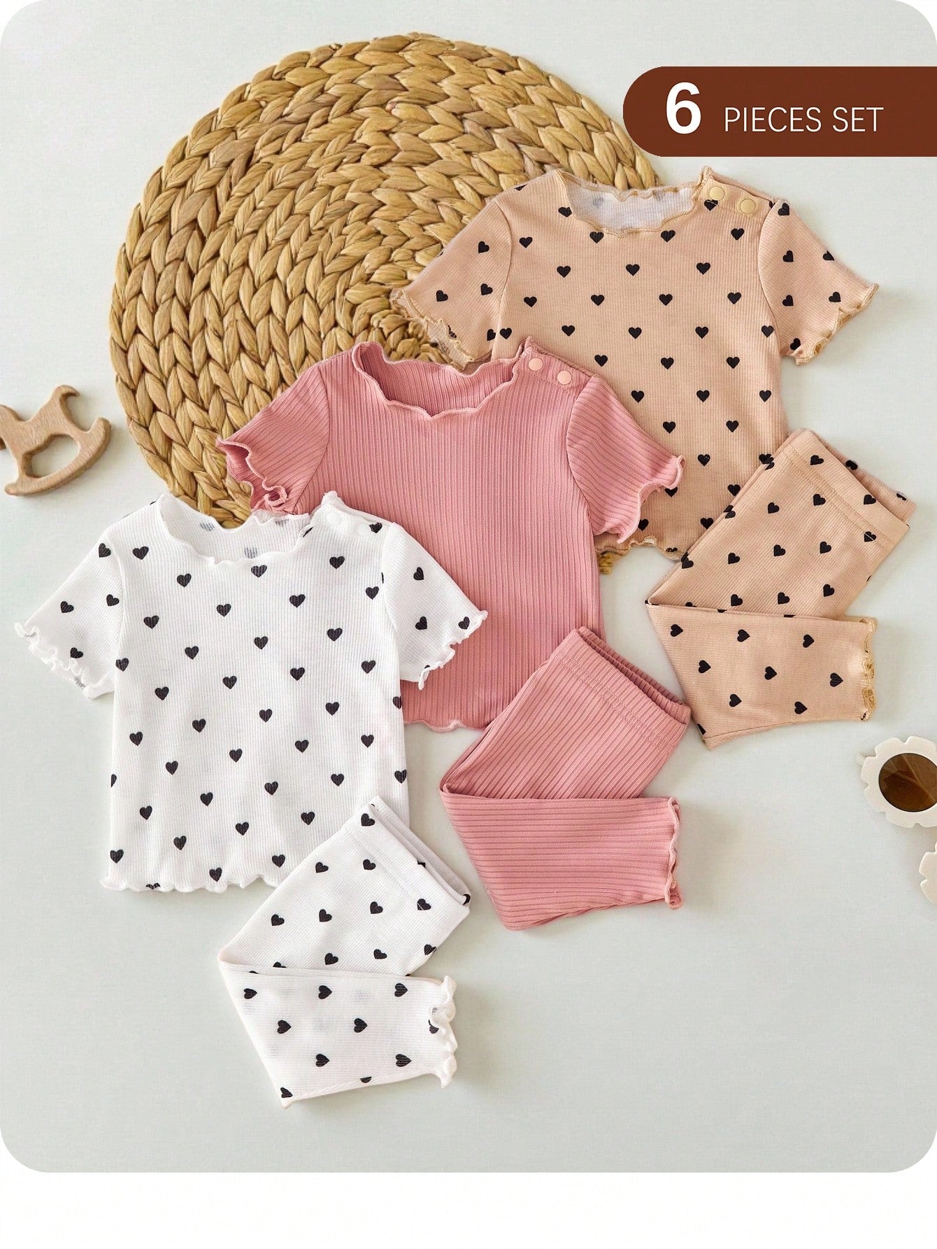 6pcs/Set Dozemod Newborn Baby Girl Adorable Minimalist Heart Print Ruffle Hem Round Neck Short Sleeve Top And Long Pants Knit Pajamas Set