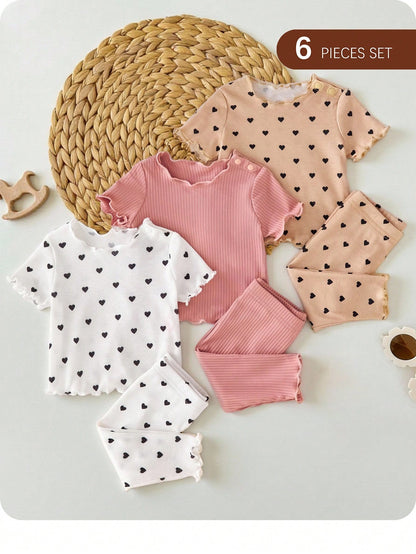 6pcs/Set Dozemod Newborn Baby Girl Adorable Minimalist Heart Print Ruffle Hem Round Neck Short Sleeve Top And Long Pants Knit Pajamas Set