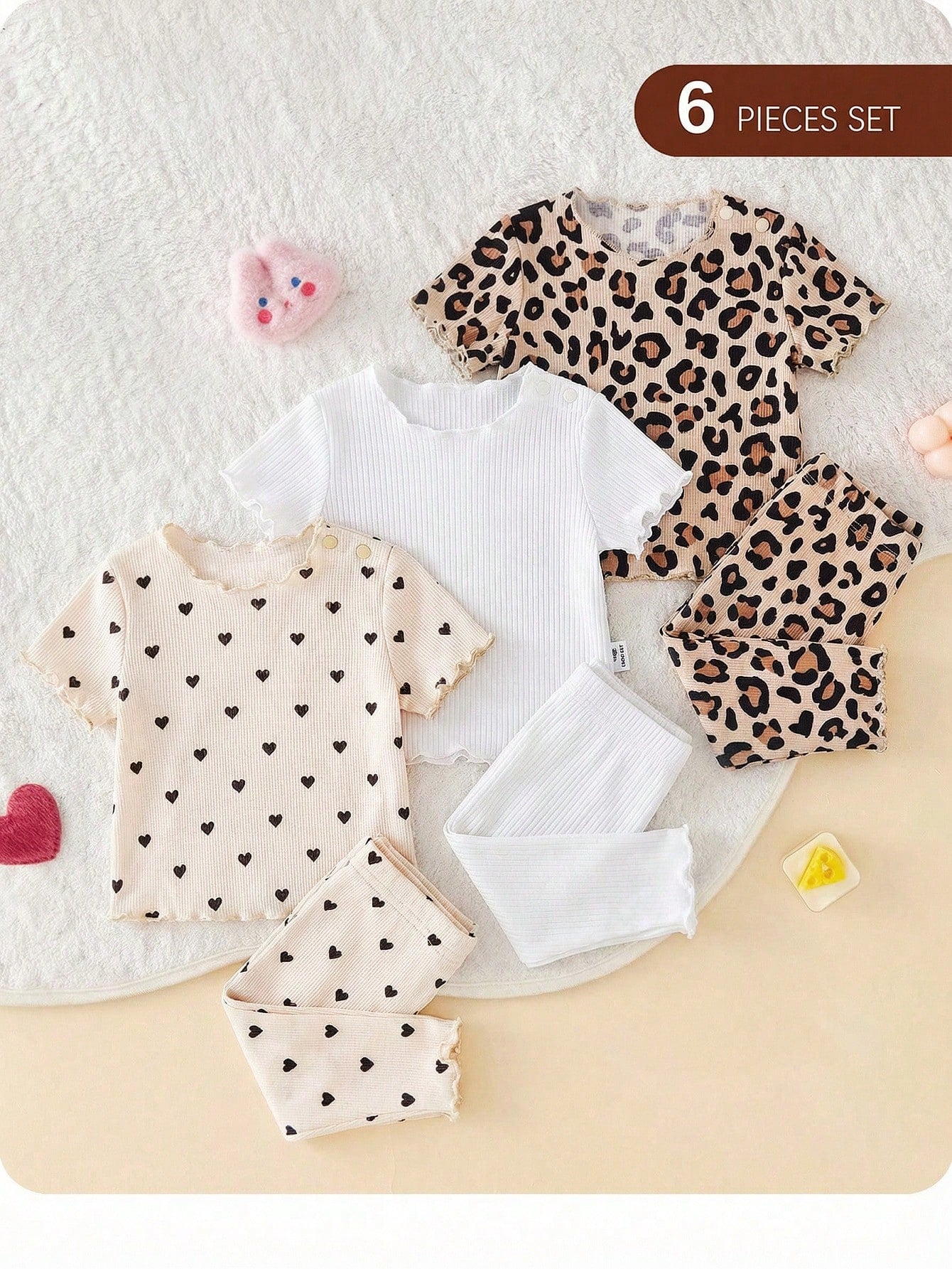 6pcs/Set Dozemod Newborn Baby Girl Adorable Minimalist Heart Print Ruffle Hem Round Neck Short Sleeve Top And Long Pants Knit Pajamas Set