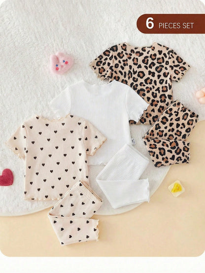 6pcs/Set Dozemod Newborn Baby Girl Adorable Minimalist Heart Print Ruffle Hem Round Neck Short Sleeve Top And Long Pants Knit Pajamas Set