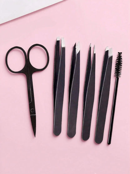 6pcs/Set, Eyebrow & Eyelash Grooming Kit, Includes 4 Tweezers 1 Beauty Scissors 1 Eyelash Brush, Professional Makeup & Beauty Tools, Eyebrow Tweezers, Eyebrow Scissors, Travel Portable Set, Suitable F