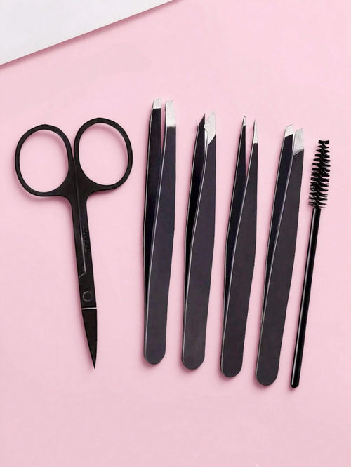 6pcs/Set, Eyebrow & Eyelash Grooming Kit, Includes 4 Tweezers 1 Beauty Scissors 1 Eyelash Brush, Professional Makeup & Beauty Tools, Eyebrow Tweezers, Eyebrow Scissors, Travel Portable Set, Suitable F