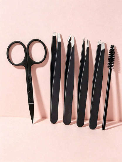 6pcs/Set, Eyebrow & Eyelash Grooming Kit, Includes 4 Tweezers 1 Beauty Scissors 1 Eyelash Brush, Professional Makeup & Beauty Tools, Eyebrow Tweezers, Eyebrow Scissors, Travel Portable Set, Suitable F