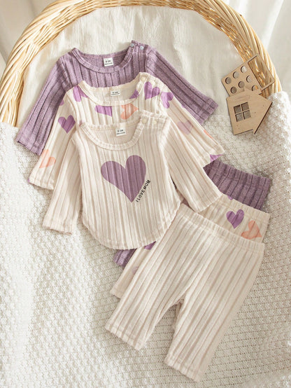 6pcs/Set Newborn Baby Girls Autumn 2025 New Arrival Heart Print & Solid Color Round Neck Long Sleeve Top With Snap Closure, Casual Long Pants, 3 Outfit Sets