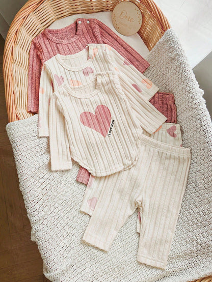 6pcs/Set Newborn Baby Girls Autumn 2025 New Arrival Heart Print & Solid Color Round Neck Long Sleeve Top With Snap Closure, Casual Long Pants, 3 Outfit Sets