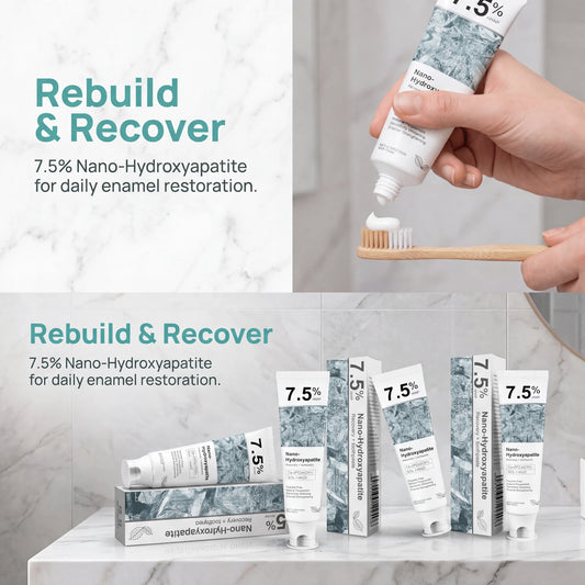 7.5% Nano-Hydroxyapatite Recovery + Toothpaste, Multi-Effect Oral Care Whitens, Repairs Enamel & Relieves Sensitivity, Crisp Mint Taste Plus Mild Composition, Ideal All-Season Whole Family Dental Gif