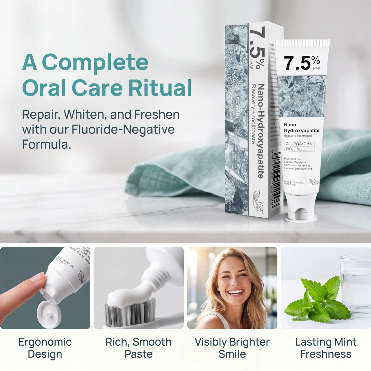 7.5% Nano-Hydroxyapatite Recovery + Toothpaste, Multi-Effect Oral Care Whitens, Repairs Enamel & Relieves Sensitivity, Crisp Mint Taste Plus Mild Composition, Ideal All-Season Whole Family Dental Gif