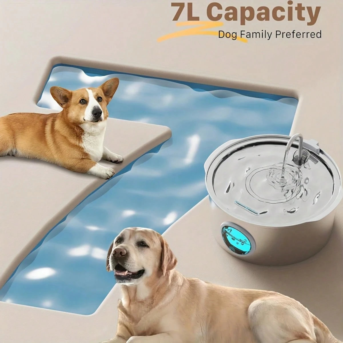 7L Large Capacity Intelligent 304 Stainless Steel Dog Water Dispenser, With Viewing Window, Automatic Water Feeder, Quiet, USB Powered, Not Waterproof, Suitable For Dogs, Battery Not Included